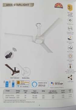 Atomberg Aris Starlight 1200 Mm BLDC Motor With Remote 3 Blade Ceiling Fan (Marble White)