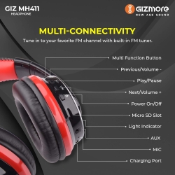 GIZMORE Giz MH411 Hi-Bass Wireless Headphones With Upto 15 Hours Playtime, Built-in-Mic, FM Radio, Micro SD Slot